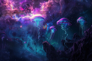 Obraz na płótnie Canvas Interstellar scene with extraterrestrial lifeforms quantum fields nebula backdrop and cosmic jellyfish floating amid galactic wonders 