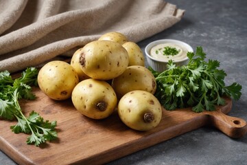 Raw potatoes placed on wooden cutting board near linen cloth and green parsley on wooden table against gray background