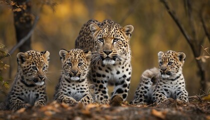 Maternal Guidance: Amur Leopard Mother Teaching Cubs to Hunt
