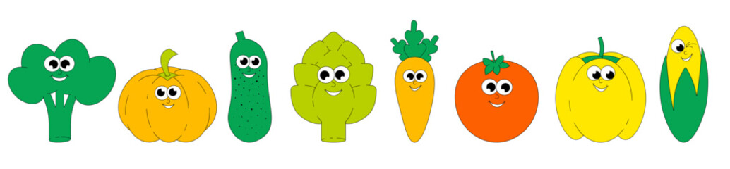 Summer Vegetables. Retro groovy sticker and patch. Comic characters tomato, carrot, pepper, pumpkin and more. Vector illustration.