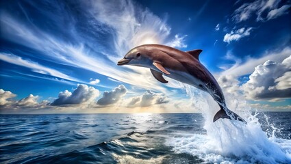 A dolphin jumps out from ocean with blue sky background in a bright sunny day