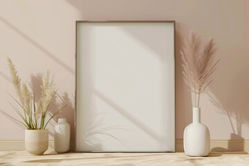 Mockup frame in interior background, room in light pastel colors, Scandi-Boho style. copy space