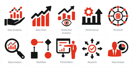 A set of 10 data analytics icons as data analytics, data chart, predictive analytics