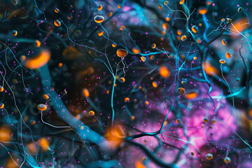 microscopic view of neurons connecting, illustrating the complexity of the human brain  - obrazy, fototapety, plakaty