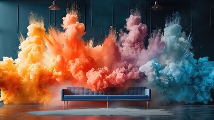 3d rendering of a blue sofa in an interior with colored smoke