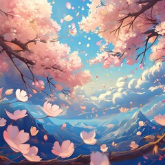 background,A whimsical artwork depicting a dreamy blue sky dotted with graceful cherry blossom petals cascading downwards,