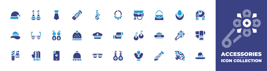 Accessories icon collection. Duotone color. Vector and transparent illustration. Containing phone case, hat, earrings, accessory, belt, santa hat, tie, winter hat, mittens, beanie, party glasses.