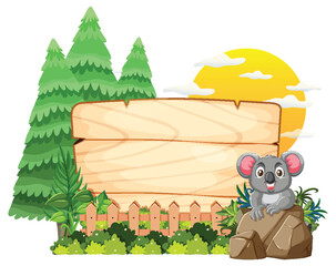 Koala beside a blank wooden sign in forest