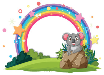 A happy koala sitting on a rock under a rainbow