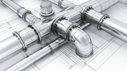 A detailed close-up of a metal pipe resting on top of a blueprint, showcasing intricate designs and technical specifications