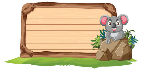 Cute koala sitting on a rock by a wooden sign.