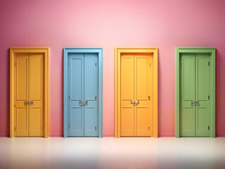 Five doors with empty walls. Five colourful doors on an isolated light background design. Five different doors