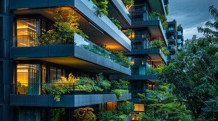 Step into a serene urban sanctuary with this image of modern apartments enveloped in lush foliage, offering a tranquil retreat in the heart of the city