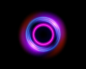 Neon circle frame on blue background. Glowing neon circle frame. Set of neon glowing circles. Glowing rings on dark background.
