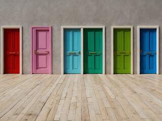 Five doors with empty walls. Five colourful doors on an isolated light background design. Five different doors