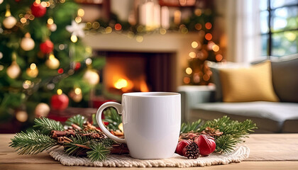 Fototapeta premium Empty Mug Mockup: Realistic White Ceramic Cup in Home Interior