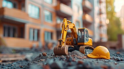 A toy yellow model excavator stands on the rocks in front of an apartment building under construction. Concept of construction of new houses, sale and purchase of residential real estate, real estate 
