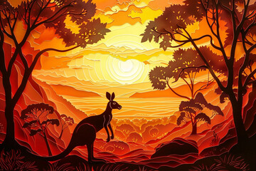 Kangaroo in the Australian Outback crafted into a stunning paper cut scene embodying the spirit of Australia