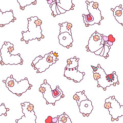 Fototapeta premium Beautiful alpaca cartoon character. Seamless pattern. Cute kawaii animal. Hand drawn style. Vector drawing. Design ornaments.