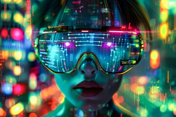 Futuristic Female Model Posing With Neon Visor Glasses at Night in a Cityscape - 796103955