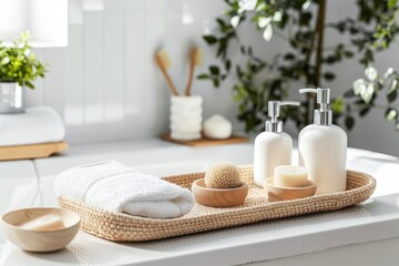 Serene Bathroom Vanity Display Featuring Natural Skincare Products in Sunlit Room