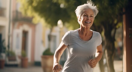 Keeping in shape at 60. Smiling middle-aged woman during a jog in the city