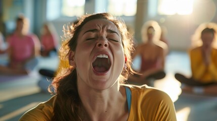 A woman is crying in a yoga class - obrazy, fototapety, plakaty