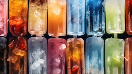 A pile of ice and popsicles with a blue one in the middle - obrazy, fototapety, plakaty