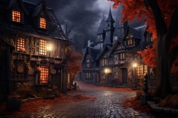 A dark, eerie scene of a town at night with houses and a church - obrazy, fototapety, plakaty