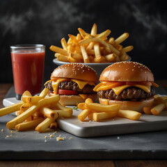 hamburger and fries - obrazy, fototapety, plakaty