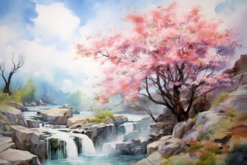 A vibrant digital painting of a waterfall cascading into a crystal-clear pool, with a cherry blossom tree in full bloom in the foreground. - obrazy, fototapety, plakaty