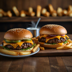 hamburger on a plate - obrazy, fototapety, plakaty