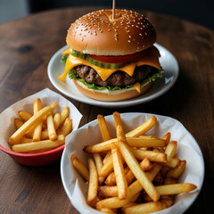 burger and fries - obrazy, fototapety, plakaty