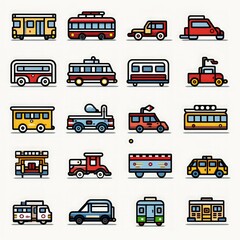 Collection of icons featuring various cars, public transport, and air vehicles. - obrazy, fototapety, plakaty