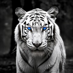 A white tiger with bright blue eyes stands in front - obrazy, fototapety, plakaty