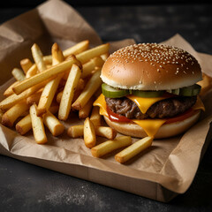 hamburger and french fries - obrazy, fototapety, plakaty