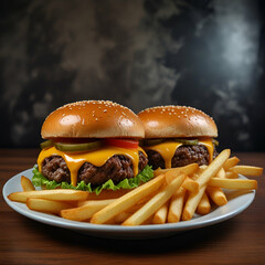 hamburger with french fries - obrazy, fototapety, plakaty