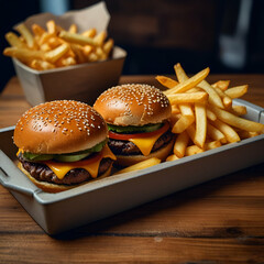hamburger and fries - obrazy, fototapety, plakaty