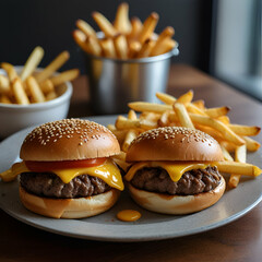 burger with fries - obrazy, fototapety, plakaty