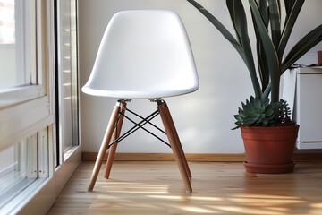 Modern White Chair With Wooden Legs Near a Sunny Window and Indoor Plants - 796104744