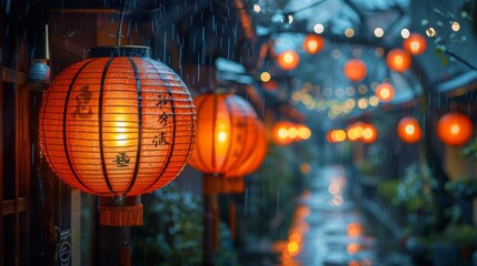 Paper lanterns in a narrow street, Gion Kyoto Japan at night