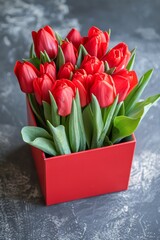 Vibrant Red Tulips Blooming in a Red Box Against a Textured Grey Background