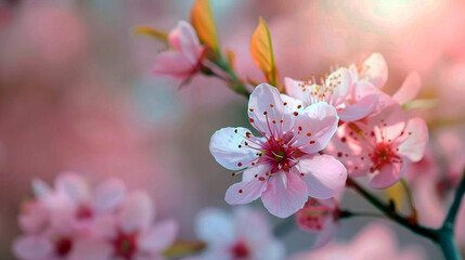 Fototapeta na wymiar Peach blossoms in the morning light, soft pink peach blossoms sparkle in the soft morning light, high resolution image perfect for spring themed designs.