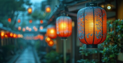Paper lanterns in a narrow street, Gion Kyoto Japan at night - 796105147