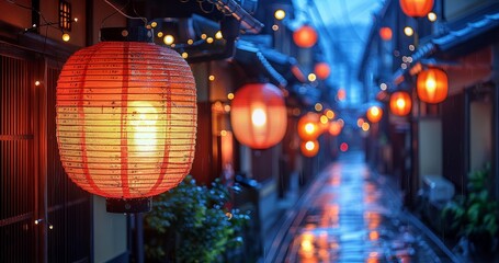 Paper lanterns in a narrow street, Gion Kyoto Japan at night - 796105151