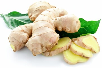 Fresh Ginger Root With Green Leaves on a White Background