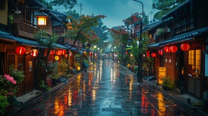Gion Kyoto geishas district at night, narrow street and lanterns - 796105311