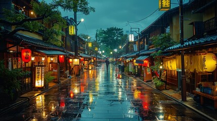 Gion Kyoto red lights district at night, narrow street and lanterns - 796105315