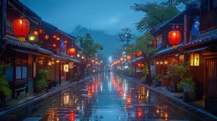 Gion Kyoto geishas district at night, narrow street and lanterns - 796105345