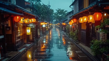 Fototapeta na wymiar Gion Kyoto red lights district at night, narrow street and lanterns